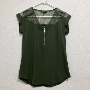 Express Olive Green Lace Zip Front V Neck Blouse Top XS Cap Sleeve Office Chic